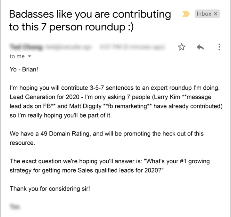 Email outreach example of the inverted pyramid from Backlinko