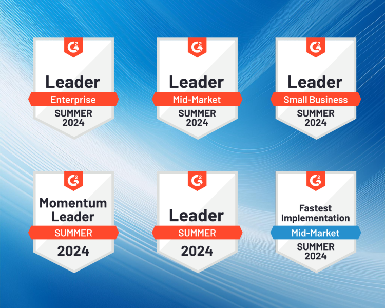 Six of the 51 G2 badges Seamless.AI earned for the summer 2024 reports: Leader Enterprise, Leader Mid-Market, Leader Small Business, Momentum Leader, Leader, and Fastest Implementation Mid-Market. 
