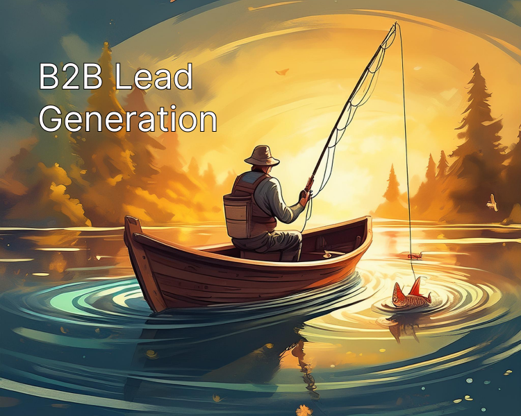 Animation of a man sitting in boat, fishing while the sun sets. The words, "B2B Lead Generation" are to the left of the man in the boat. 