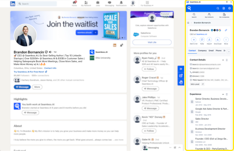 On an individual LinkedIn profile , view key contact details directly in the  Chrome Extension side panel