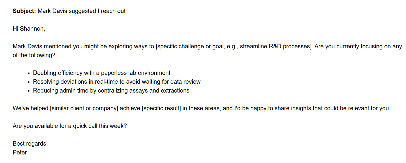Email outreach example from Erica Schultz, CMO of RAIN Group