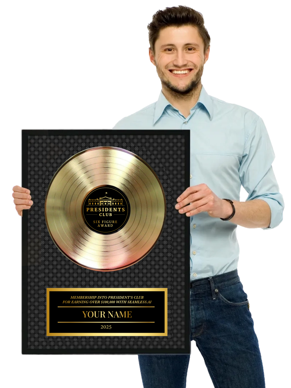 man holding 6-figure President's Club award