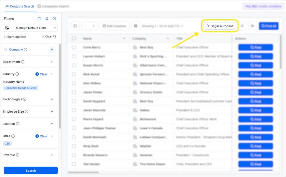 Contact Search page with Autopilot button